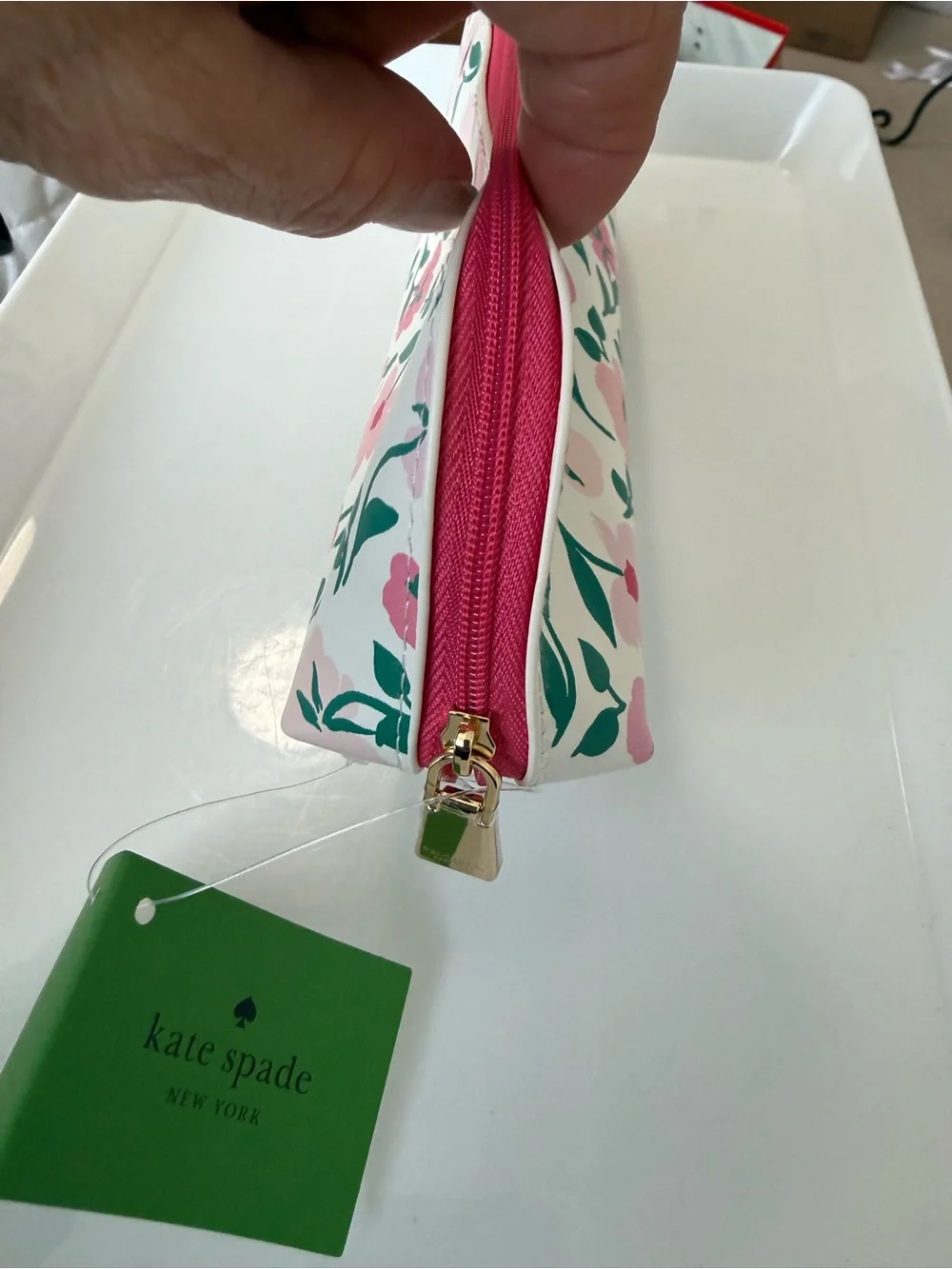 kate spade Peony party, pencil case includes sharpener, ruler, and eraser.